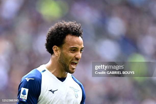 Lazio's Brazilian forward Felipe Anderson celebrates scoring his team's first goal during the Italian Serie A football match between Inter Milan and...