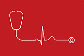Stethoscope with pulse line on red background. Heart beat auscultation. Electrocardiogram.