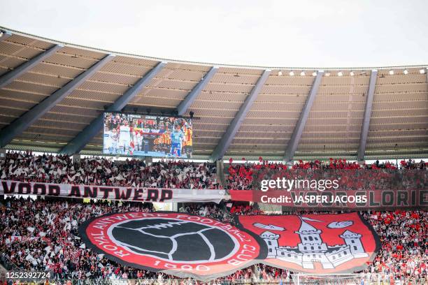 Antwerp's supporters pictured at the start of the Belgian Cup final match between Belgian first league soccer teams KV Mechelen and RAFC Antwerp,...