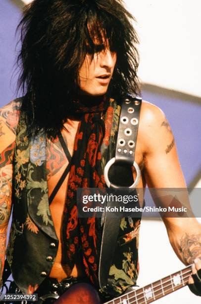 Motley Crue, live, Moscow Music Peace Festival 1989 at Luzhniki Stadium, Moscow, USSR, 12th and 13th August, 1989. Nikki Sixx .