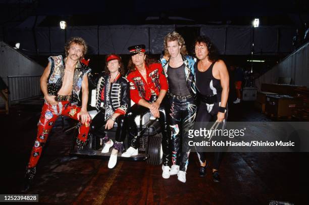 Scorpions, photo shoot in the backstage area, Moscow Music Peace Festival 1989 at Luzhniki Stadium, Moscow, USSR, 12th and 13th August, 1989. Rudolf...