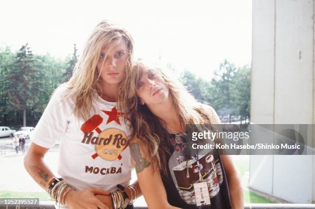 Skid Row, photo shoot in the backstage area , Moscow Music Peace Festival 1989 at Luzhniki Stadium, Moscow, USSR, 12th and 13th August, 1989. Dave...