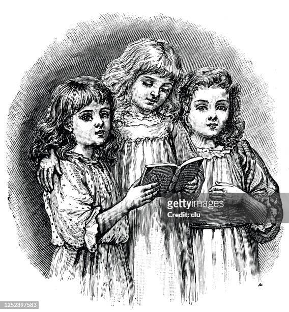 ilustraciones, imágenes clip art, dibujos animados e iconos de stock de tres chicas sosteniendo un cancionero, cantando - libro de himnos