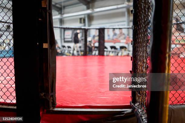 kampfbühne seitenansicht. nahaufnahme am arena-eingang - cage fighting stock-fotos und bilder