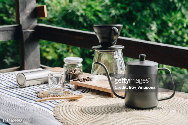 set of manual drip coffee maker preparation on the table. - arranging products stock pictures, royalty-free photos & images