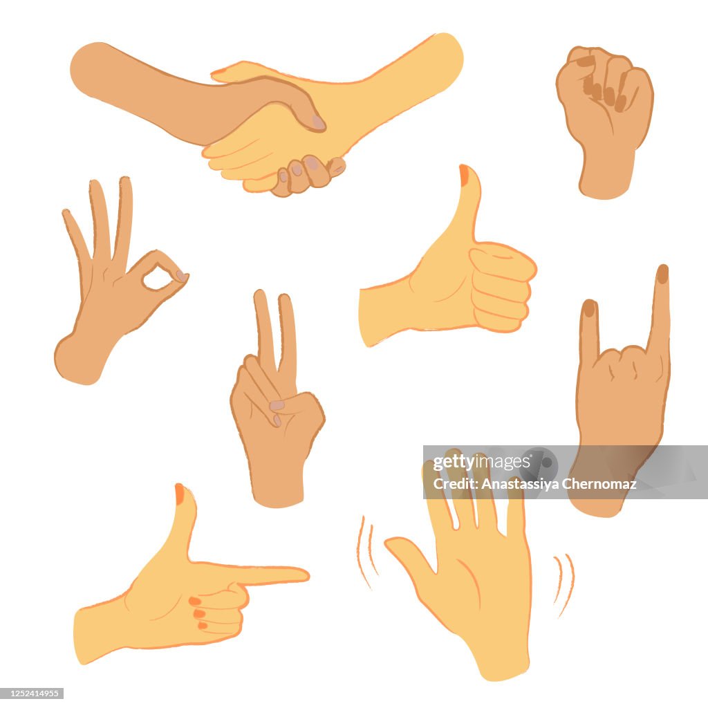 Object Hand Signs Group Of Objects Illustrations With Various Human Hand Gestures In A ...
