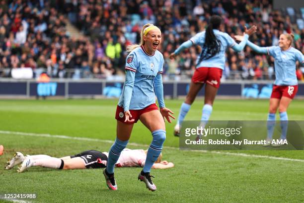 Chloe Kelly of Manchester City Women celebrates after scoring a goal to make it 1-1 during the FA Women's Super League match between Manchester City...