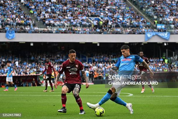 Napoli's Uruguayan defender Mathias Olivera defends against Salernitana's Italian defender Pasquale Mazzocchi during the Italian Serie A football...