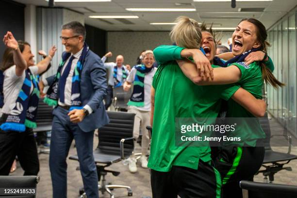 Australian soccer players Steph Catley, Alanna Kennedy and Lydia Williams react as FIFA announced Australia as the hosts to the 2023 FIFA Women's...