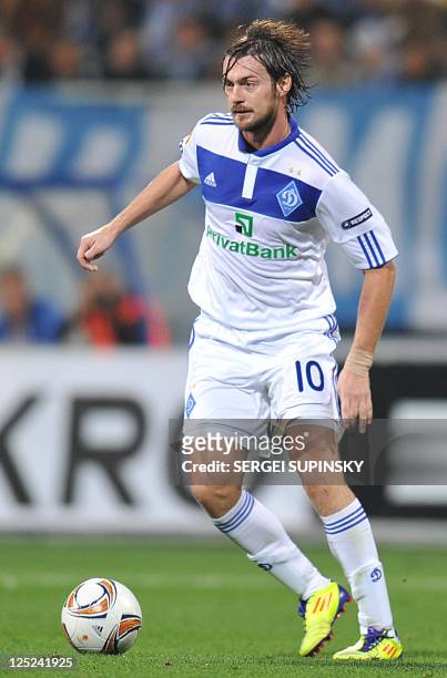 Dynamo Kiev's forward Artem Milevskiy controls the ball during the UEFA Europa League, Group E football match against Stoke City FC in Kiev on...
