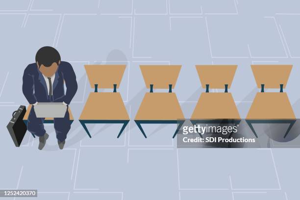 ilustraciones, imágenes clip art, dibujos animados e iconos de stock de ilustración de hombre de negocios esperando para entrevistarse para el trabajo - job interview