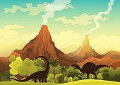 Prehistoric landscape - volcano with smoke, mountains, dinosaurs and green vegetation. Vector illustration of beautiful prehistoric landscape and dinosaurs
