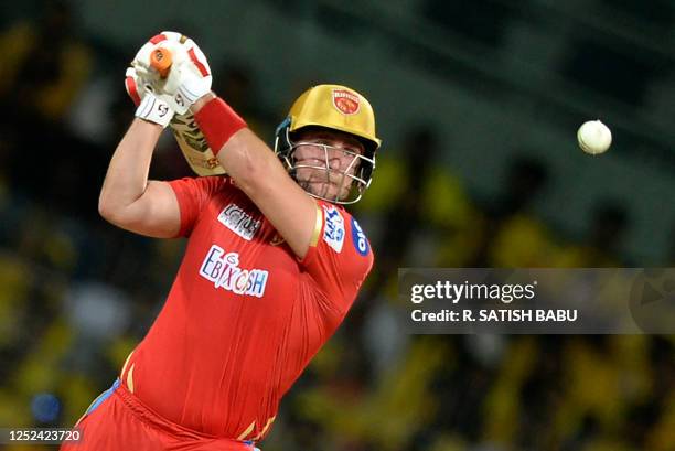 Punjab Kings' Liam Livingstone plays a shot during the Indian Premier League Twenty20 cricket match between Chennai Super Kings and Punjab Kings at...