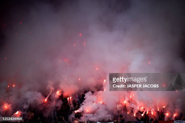 Antwerp's supporters and lots of fire works smoke in the stands pictured during the Belgian Cup final match between Belgian first league soccer teams...