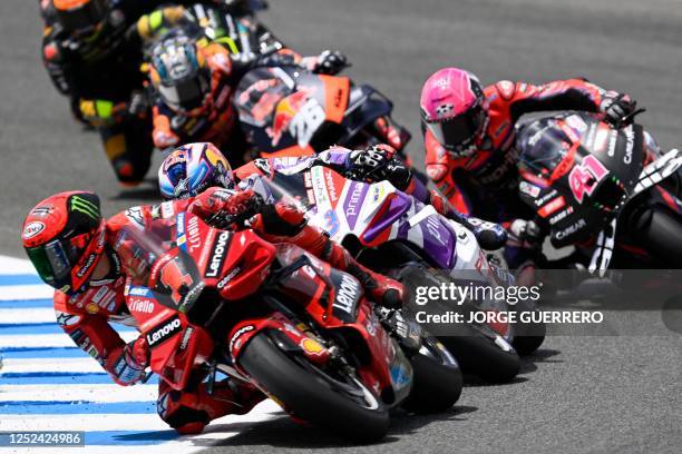 Ducati Italian rider Francesco Bagnaia competes during the MotoGP Spanish Grand Prix at the Jerez racetrack in Jerez de la Frontera on April 30, 2023.