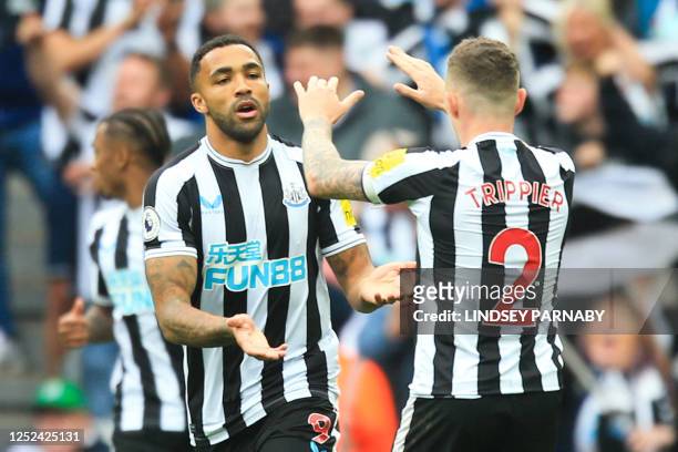 Newcastle United's English striker Callum Wilson celebrates after scoring his team first goal during the English Premier League football match...