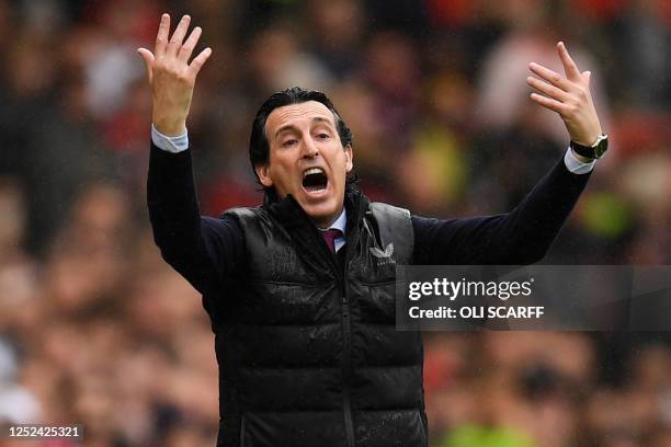 Aston Villa's Spanish head coach Unai Emery reacts during the English Premier League football match between Manchester United and Aston Villa at Old...