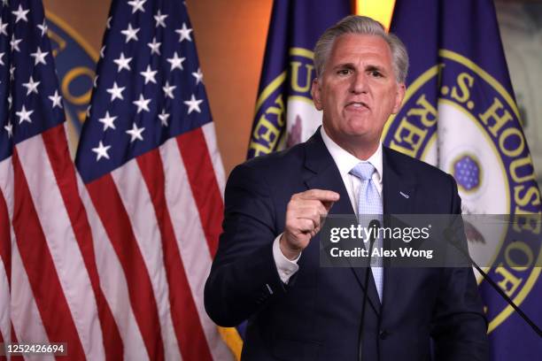 House Minority Leader Rep. Kevin McCarthy speaks during his weekly news conference June 25, 2020 on Capitol Hill in Washington, DC. McCarthy discuss...