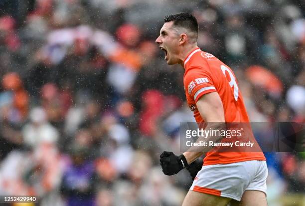 Monaghan , Ireland - 30 April 2023; Shane McPartlan of Armagh celebrates after scoring his side's second goal during the Ulster GAA Football Senior...