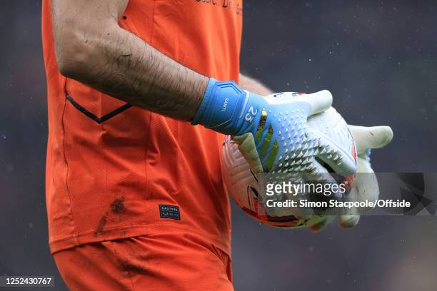 The personalised gloves worn by Aston Villa goalkeeper Emiliano Martinez seen during the Premier League match between Manchester United and Aston...