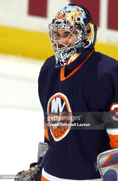 Rick DiPietro of the New York Islanders warms up before a NHL hockey game against the Washington Capitals at MCI Center on February 7, 2003 in...