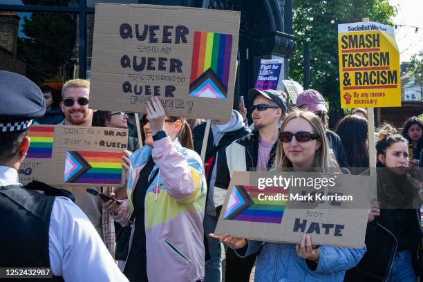 Anti-fascists, LGBTIQA+ people and local residents oppose a small protest by supporters of Turning Point UK against a Drag Queen Story Time event at...