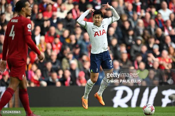 Tottenham Hotspur's South Korean striker Son Heung-Min reacts after scoring their second goal during the English Premier League football match...