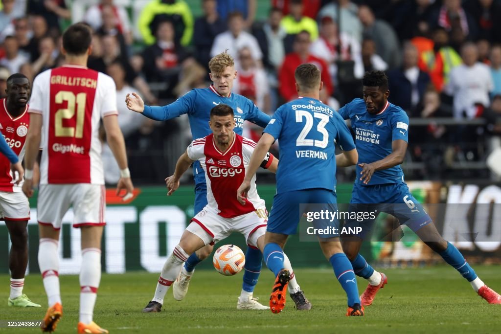 ROTTERDAM - Dusan Tadic of Ajax, Jarrad Branthwaite of PSV Eindhoven ...