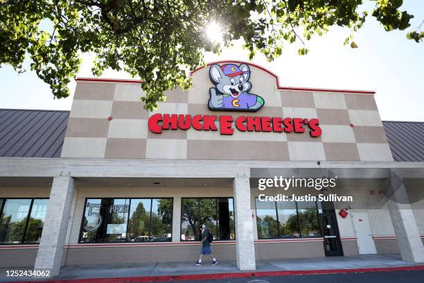 Sign is posted on the exterior of a Chuck E. Cheese's restaurant on June 25, 2020 in Pinole, California. CEC Entertainment, the parent company of...