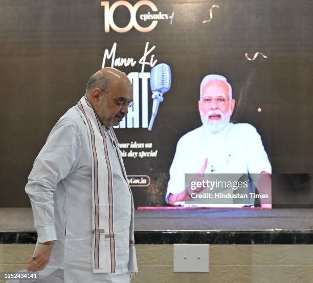 Home Minister Amit Shah visited Mumbai for 100th Episodes of Prime minister Narendra Modi's "Mann Ki Baat" Live at Dahanukar college in Vile Parle,...