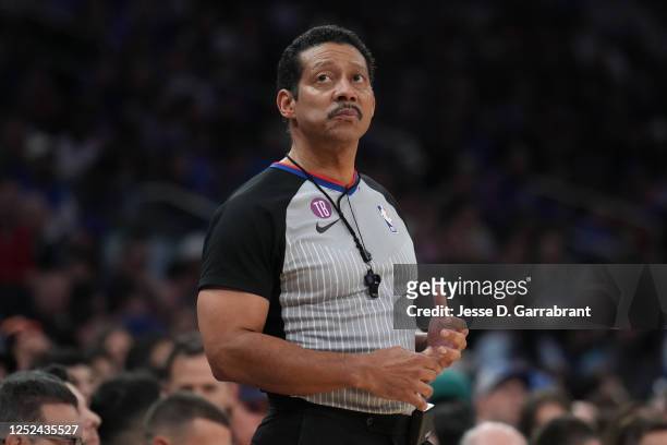 Referee Bill Kennedy looks on during Game One of the Eastern Conference Semi-Finals of the 2023 NBA Playoffs between the Miami Heat and the New York...