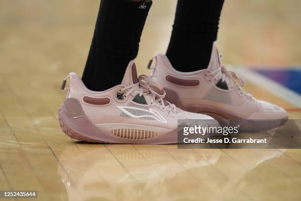 The sneakers worn by Jimmy Butler of the Miami Heat during Game One of the Eastern Conference Semi-Finals of the 2023 NBA Playoffs against the New...