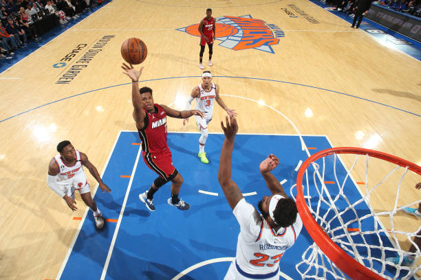 Kyle Lowry of the Miami Heat shoots the ball during Game 1 of the Eastern Conference Semi-Finals of the 2023 NBA Playoffs against the New York Knicks...