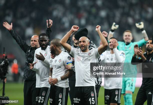 Nathan Redmond of Besiktas celebrates victory during the Super Lig match between Besiktas and Galatasaray at Vodafone Park on April 30, 2023 in...