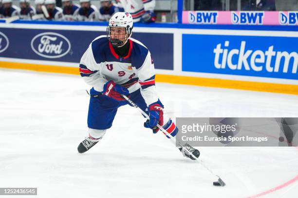 Gabe Perreault of United States in action during final of U18 Ice Hockey World Championship match between United States and Sweden at St. Jakob-Park...