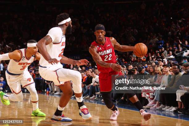 Jimmy Butler of the Miami Heat drives to the basket during Game 1 of the Eastern Conference Semi-Finals of the 2023 NBA Playoffs against the New York...