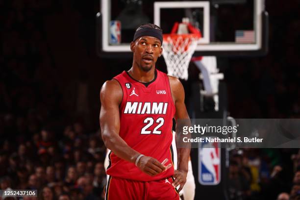 Jimmy Butler of the Miami Heat looks on during Game 1 of the Eastern Conference Semi-Finals of the 2023 NBA Playoffs against the New York Knicks on...