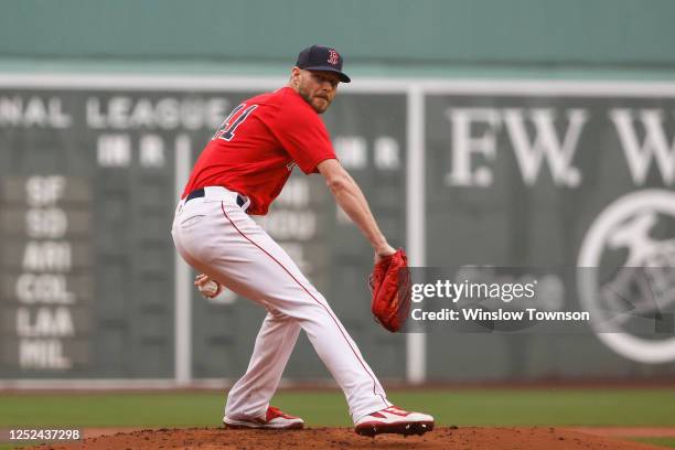 Chris Sale of the Boston Red Sox pitches against the Cleveland Guardians during the first inning at Fenway Park on April 30, 2023 in Boston,...