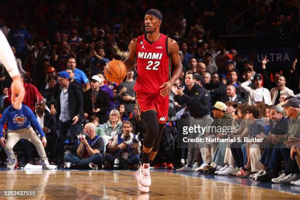 Jimmy Butler of the Miami Heat dribbles the ball during Game 1 of the Eastern Conference Semi-Finals of the 2023 NBA Playoffs against the New York...