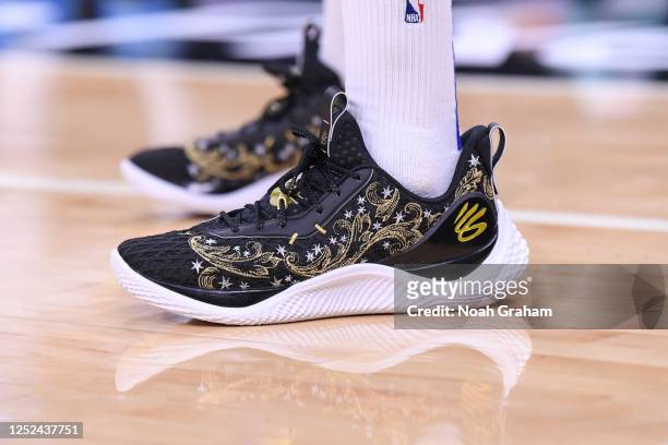 The sneakers worn by Stephen Curry of the Golden State Warriors during round one game seven of the 2023 NBA Playoffs on April 30, 2023 at Chase...