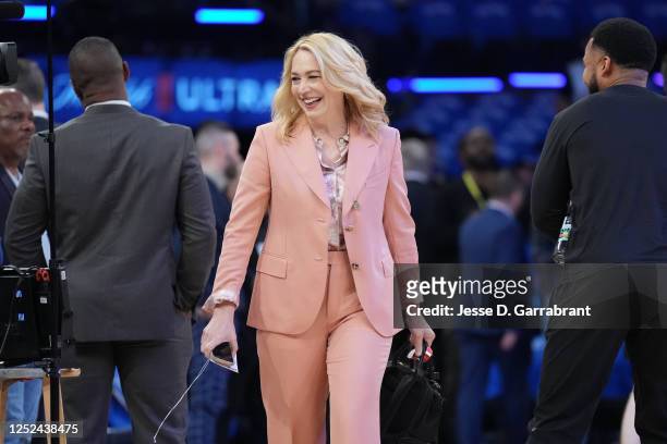 Doris Burke smiles before Game One of the Eastern Conference Semi-Finals of the 2023 NBA Playoffs between the Miami Heat and the New York Knicks on...