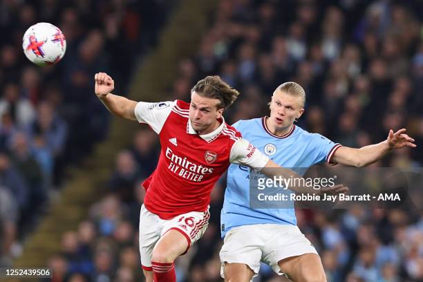 Rob Holding of Arsenal and Erling Haaland of Manchester City during the Premier League match between Manchester City and Arsenal FC at Etihad Stadium...