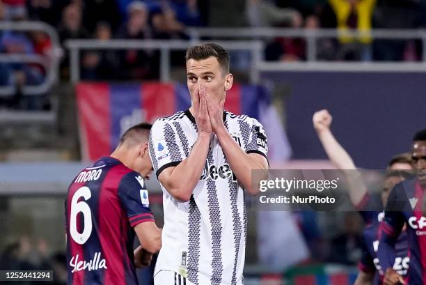 Arkadiusz Milik of Juventus FC looks dejected failing the penalty kick during the Serie A match between Bologna FC and Juventus FC at Stadio Renato...