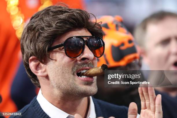 Chicago Bears fan dresses like Mike Ditka and has a cigar in his mouth in the second round of the NFL Draft on April 28, 2023 at Union Station in...