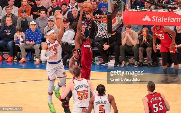 Bam Adebayo of the Miami Heat dunks the ball during Game 1 of NBA second-round playoff basketball match between Miami Heat and New York Knicks at...