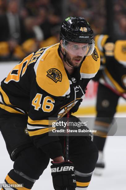 David Krejci of the Boston Bruins waits for the face off against the Florida Panthers in Game Seven of the First Round of the 2023 Stanley Cup...