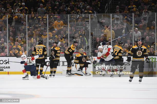 The Florida Panthers celebrate the overtime win against the Boston Bruins in Game Seven of the First Round of the 2023 Stanley Cup Playoffs at TD...