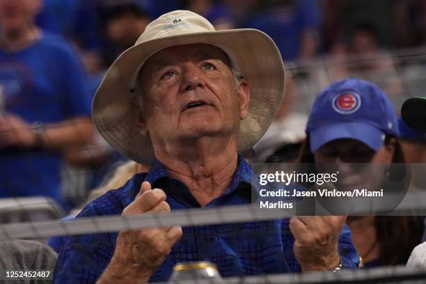 American actor Bill Murray watches the game between the Miami Marlins and the Chicago Cubs at loanDepot park on April 29, 2023 in Miami, Florida.