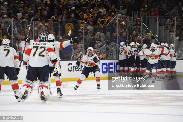 Matthew Tkachuk of the Florida Panthers celebrates the overtime win against the Boston Bruins in Game Seven of the First Round of the 2023 Stanley...