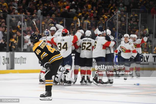 The Florida Panthers celebrate the overtime win against the Boston Bruins in Game Seven of the First Round of the 2023 Stanley Cup Playoffs at TD...